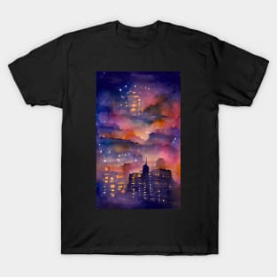 Moonlit Night in the City Watercolor Dream Art T-Shirt